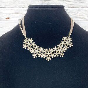 Liz Claiborne Clear Crystal Flower Princess Necklace Silver Chain & Fabric 19"L